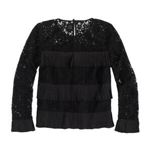 J. Crew H2354 Black Tiered Pleated Ruffles Long Sleeve Lace Top Blouse Size S
